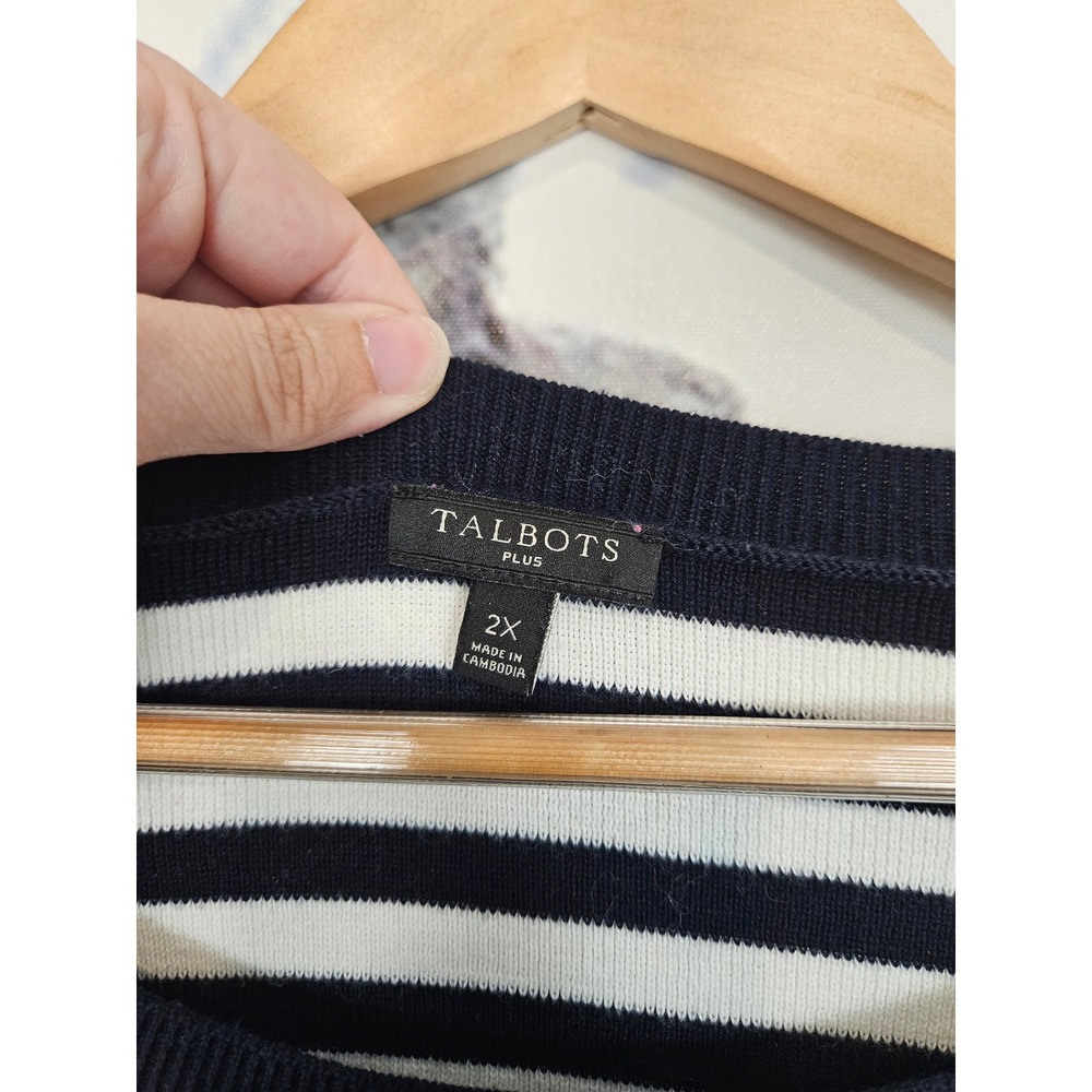 Talbots Plus Womens 2X Navy Blue White Striped Multi Color Cotton Blend Sweater - Picture 3 of 5